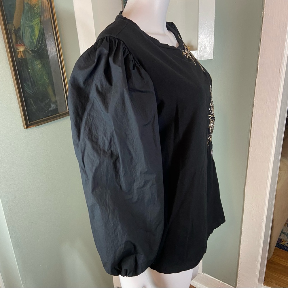 Chico's Sz 2 Fireworks Embroidered Metallic Sequin Blouse Poplin Puff Sleeve L - Picture 8 of 11